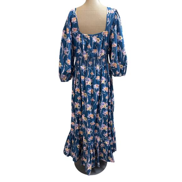 LoveShackFancy Blue & Pink Floral  Cotton Tiered Long Sleeve Maxi Dress  Large - Picture 6 of 7